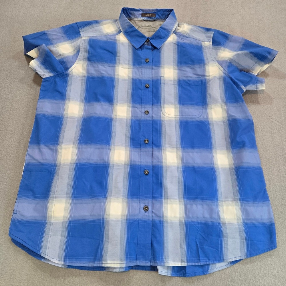 Eddie Bauer Button Down Shirt Women L Blue Plaid Vented Back Short Sleeve Hiking
